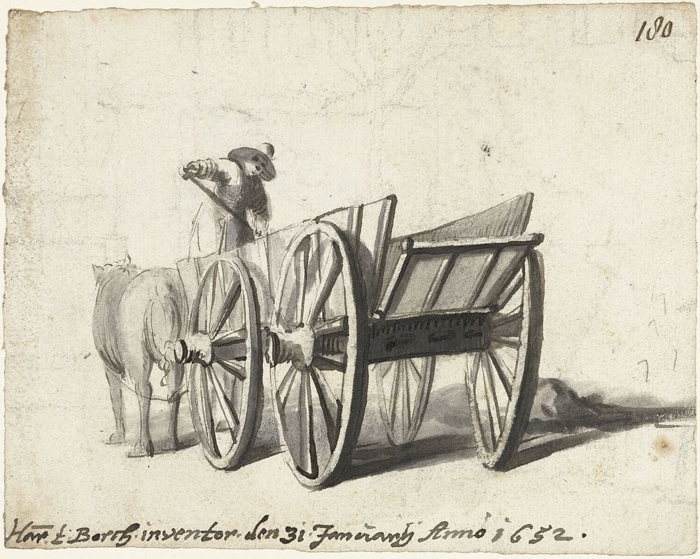 Man werkend op een kar met paarden ervoor (mest scheppend?) (1652) by Harmen ter Borch