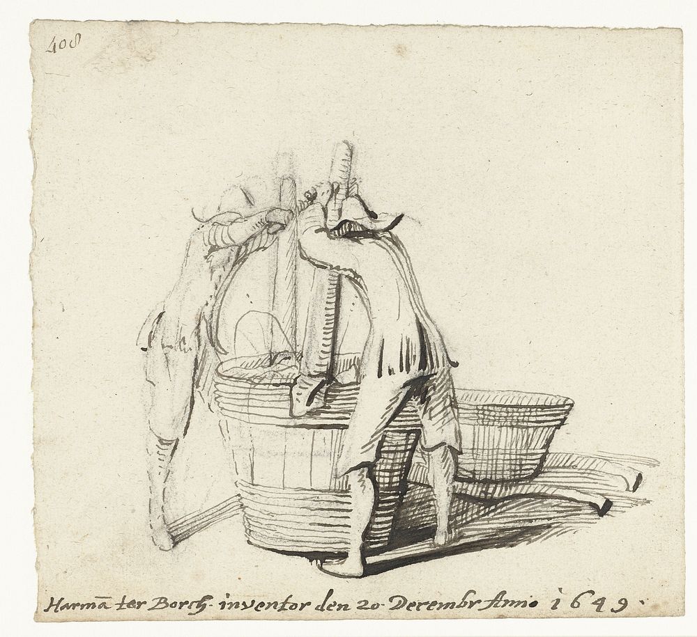 Twee mannen stampen was in een ton (1649) by Harmen ter Borch