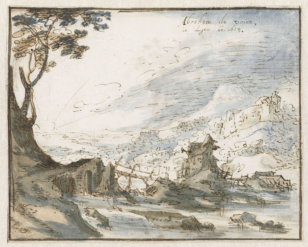 Bergachtig landschap met een houten brug (1613) by Abraham de Vries