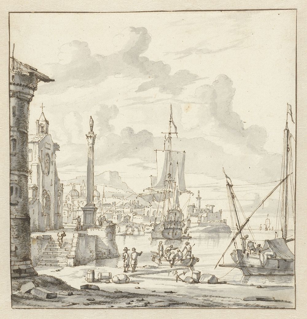 Italiaanse haven met fantasiearchitectuur (1675) by Abraham Storck