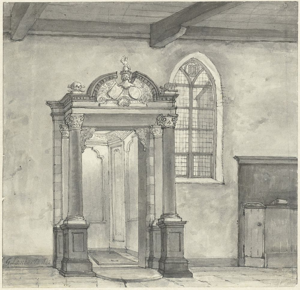 Toegang tot de kapel met de grafkelder van de Heren van Zandvoort, in de kerk te Zandvoort (1842) by Gerrit Lamberts