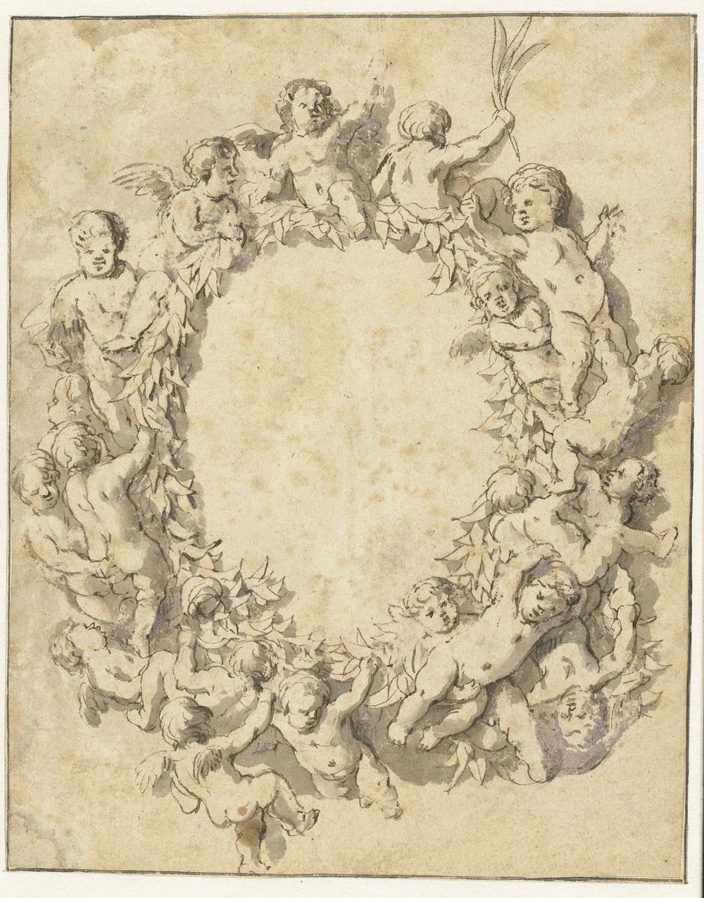 Lauwerkrans omgeven met putti (1637 - 1697) by Jan de Bray and Nicolaes Pietersz Berchem
