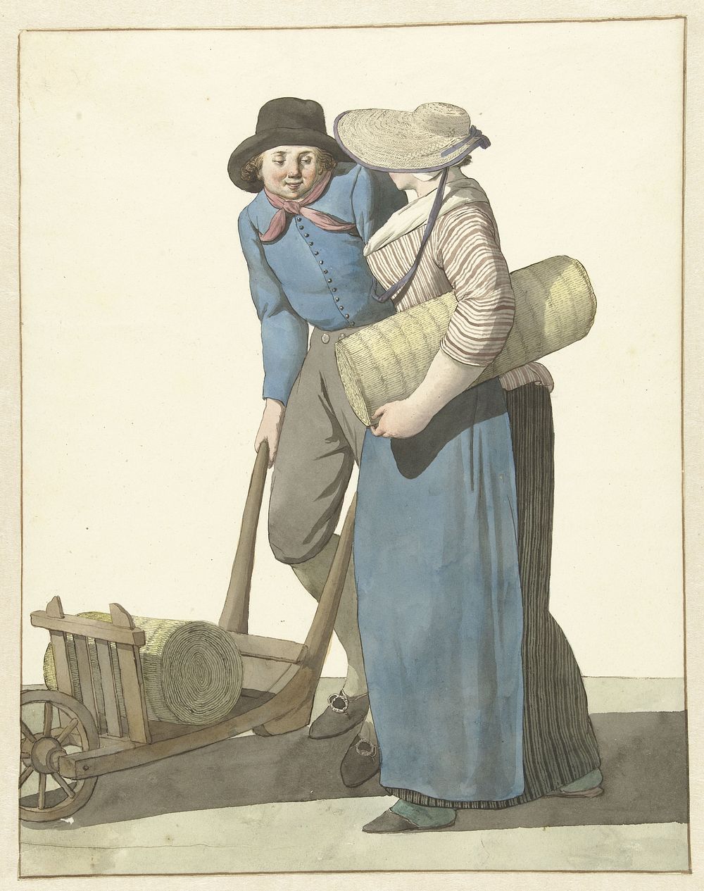 Vrouw naast een man met een kruiwagen (1700 - 1800) by W Barthautz