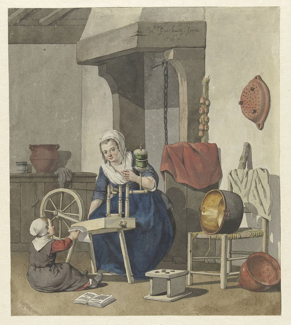 Interieur met een spinnende vrouw met een kind (1796) by W Barthautz