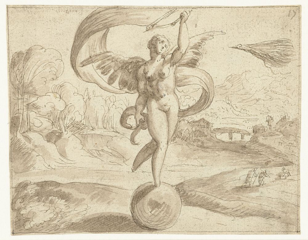 Fortuna zonder voeten, staande op een bol (1534 - 1591) by Chrispijn van den Broeck