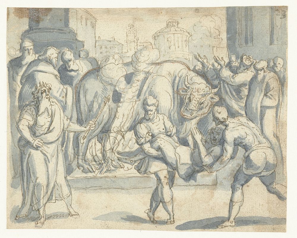 Tiran Phalaris geeft het bevel om Perillus te verbranden in de bronzen stier (1534 - 1591) by Chrispijn van den Broeck