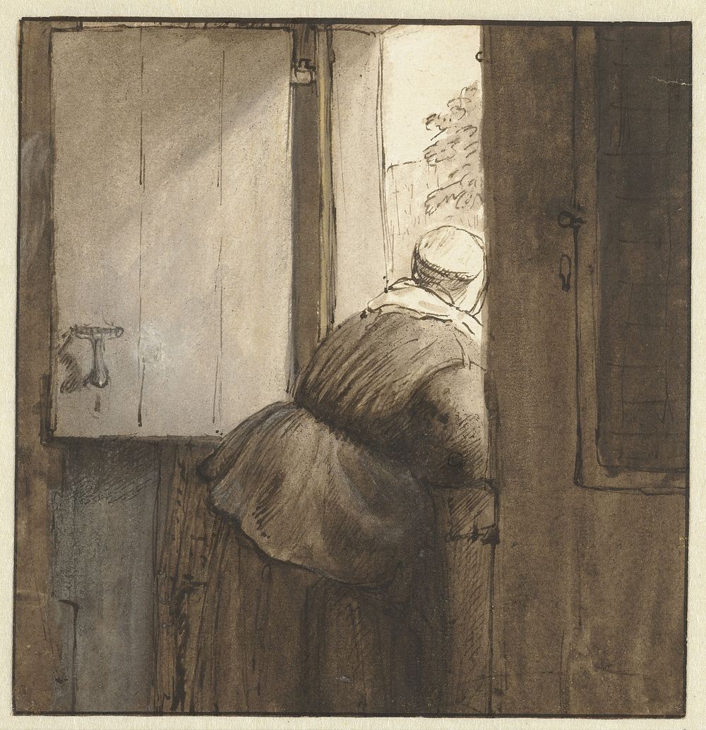 Vrouw over onderdeur geleund (1644 - 1693) by Nicolaes Maes