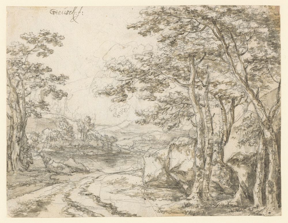 Landschap met een weg langs bomen (1635 - 1692) by Willem de Heusch