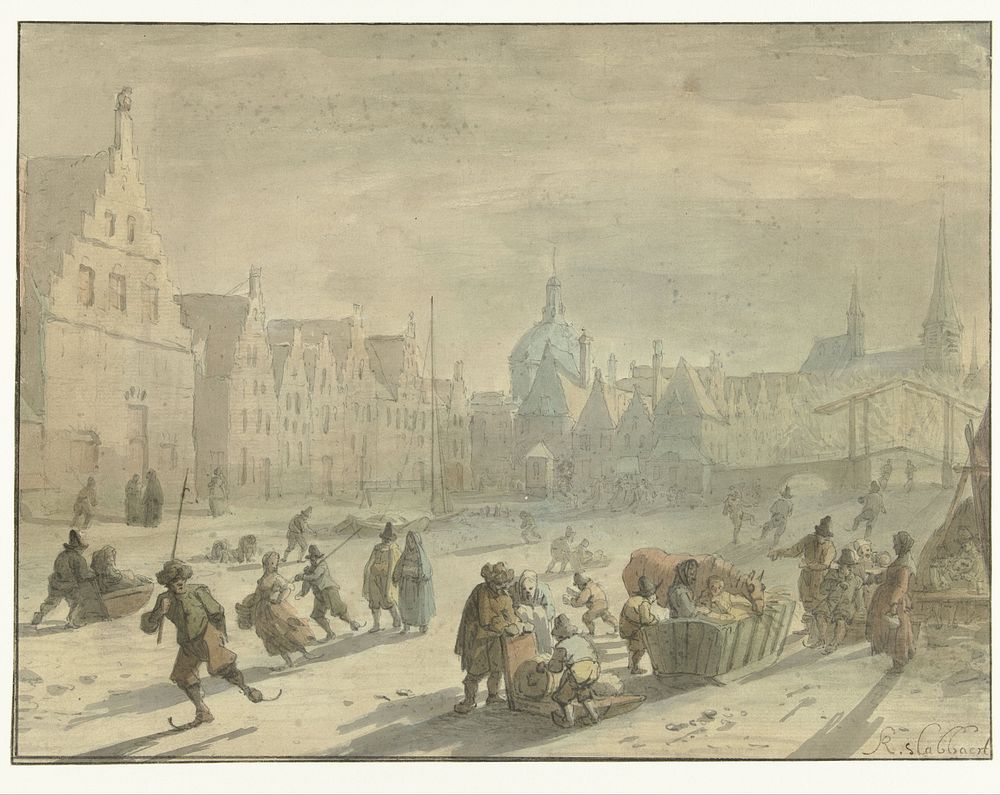 Galgewater in Leiden met ijsvermaak (1629 - 1654) by Karel Slabbaert