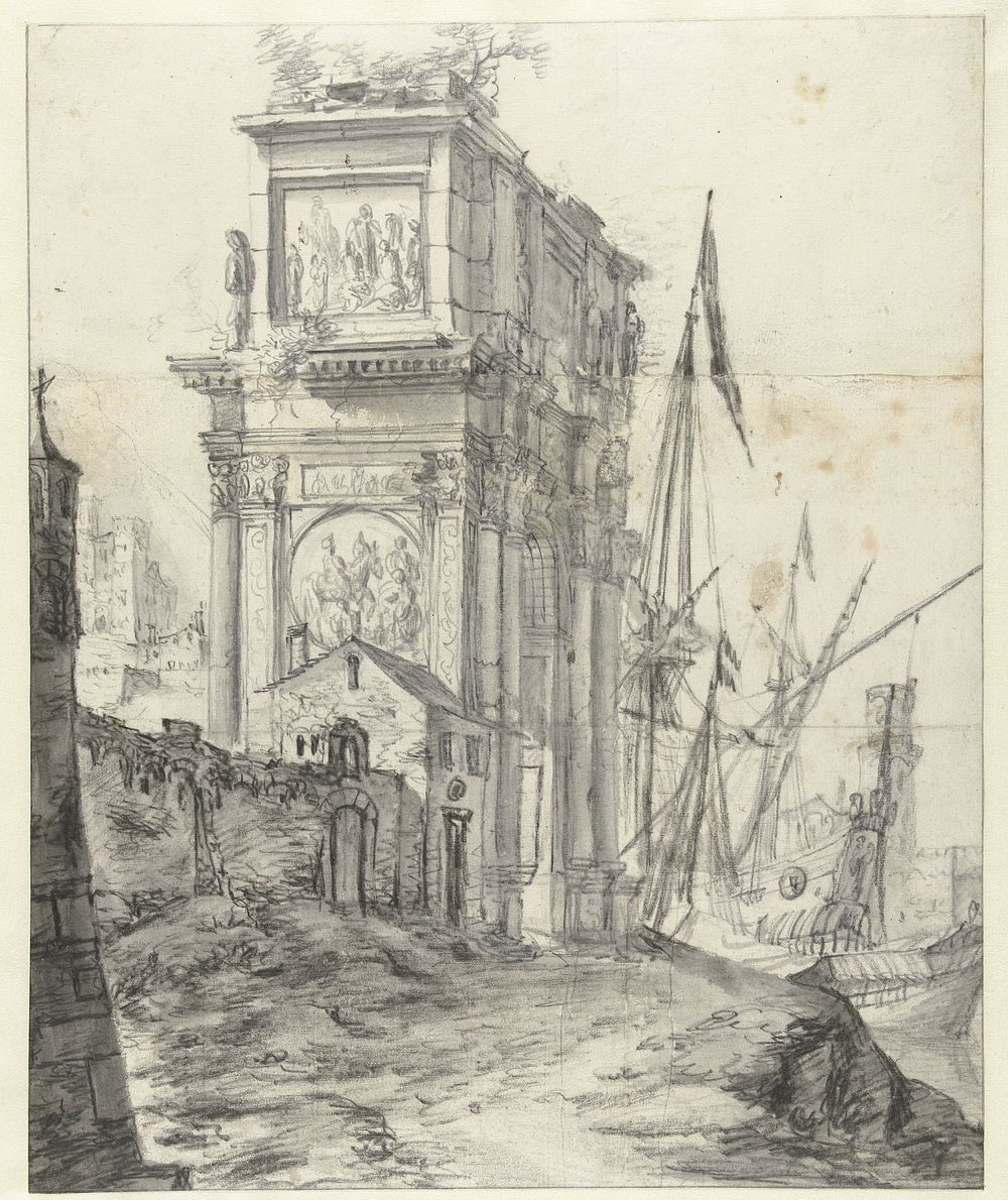 Capriccio met antieke triomfboog (1600 - 1699) by Jan Abrahamsz Beerstraten