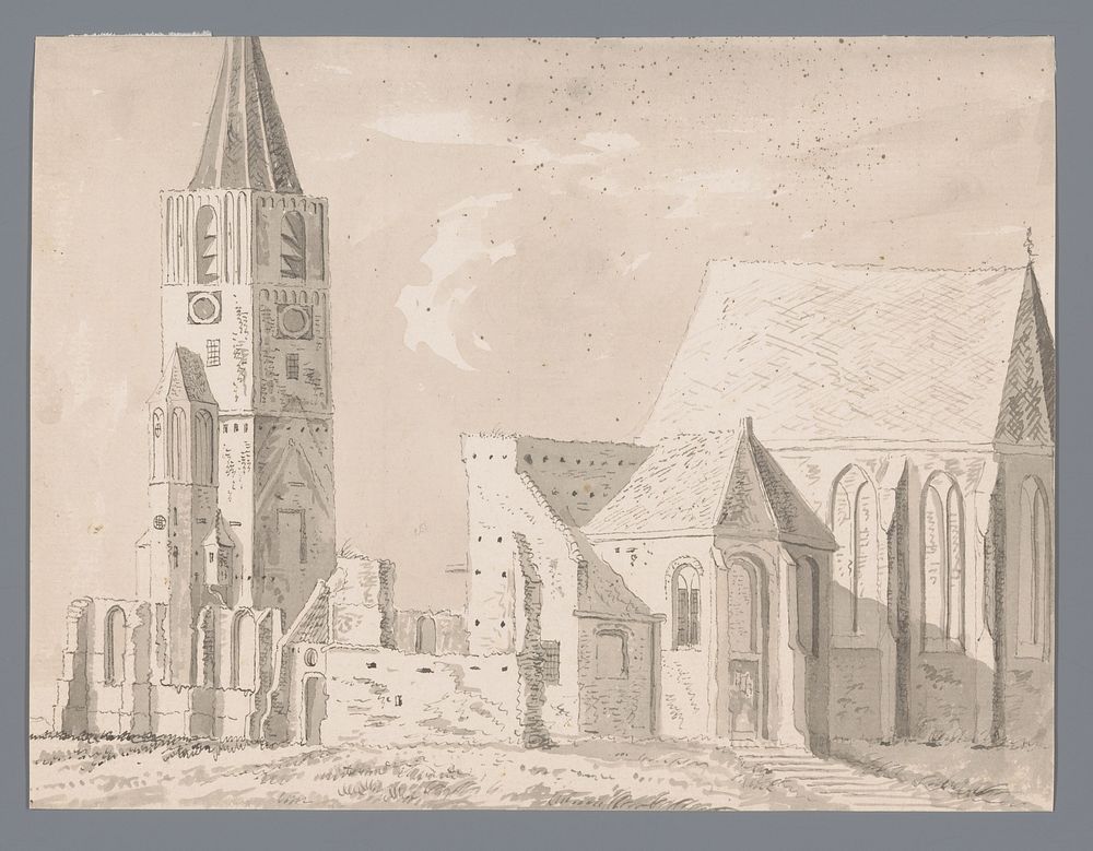 Kerk te Warmond en de ruïne daarvan (1780 - 1790) by Hendrik Tavenier
