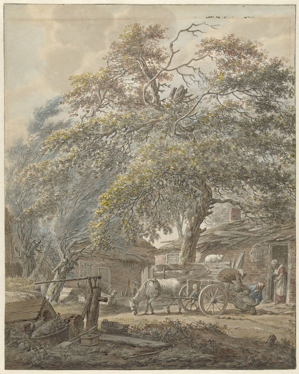Boerenerf met twee mannen die een wieg op een paardenkar laden (1746 - 1811) by Vincent Jansz van der Vinne