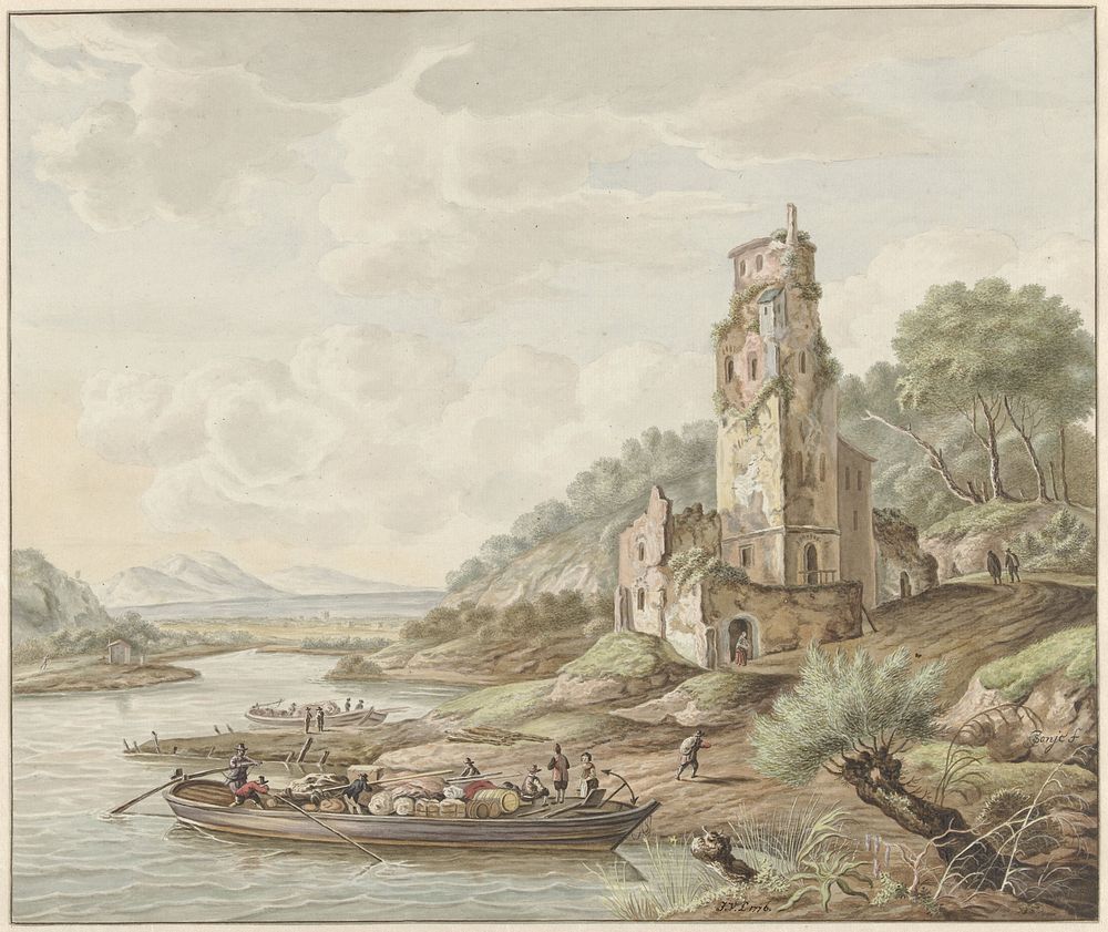 Landschap met schuit met koopwaar bij een kasteel (1776) by Jan van Lockhorst and Jan Gabrielsz Sonjé