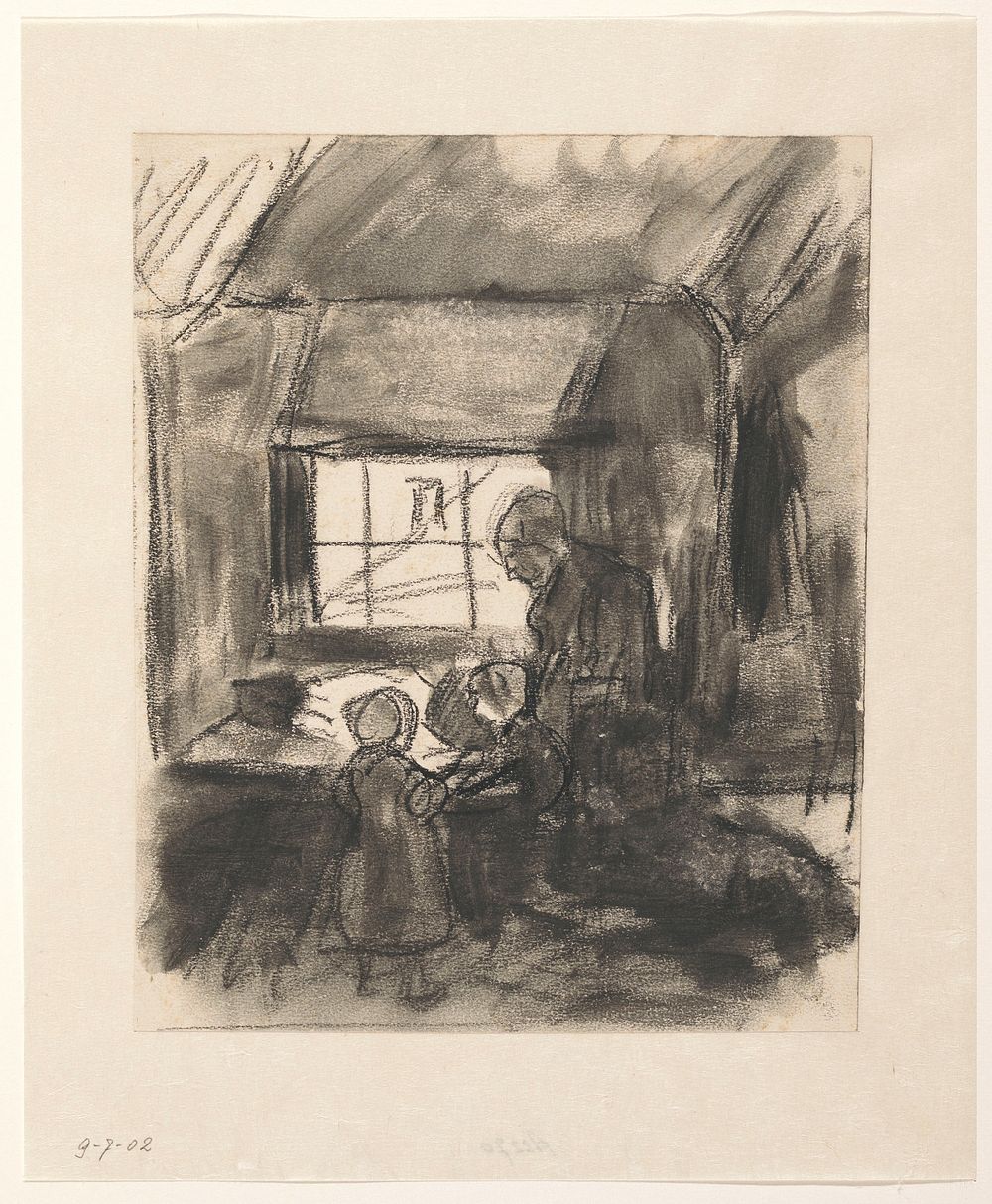 Interieur met vrouw en twee kindertjes (1836 - 1896) by Hendrik Valkenburg