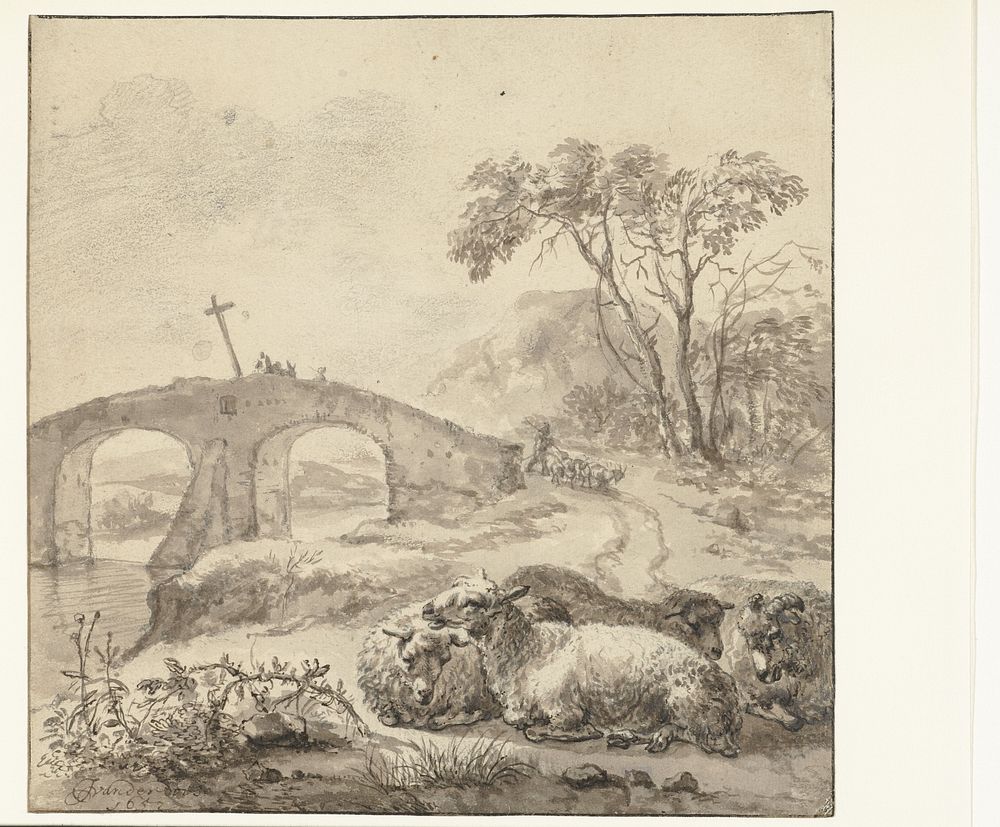 Landscape with Recumbent Sheep and a Stone Bridge (1652) by Jacob van der Does I