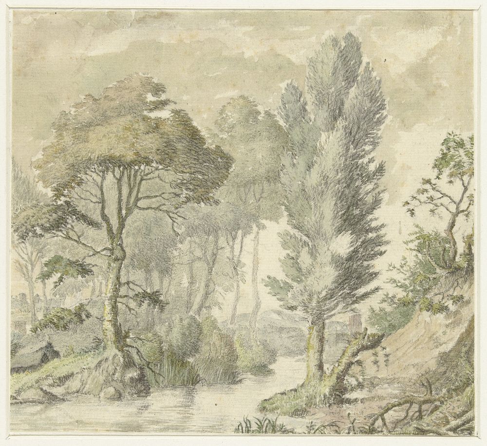Boslandschap met rechts een heuvel en in het midden water (1677 - 1755) by Elias van Nijmegen