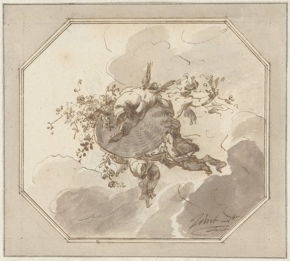 Ontwerp voor plafondschildering met putti met korf (c. 1705 - c. 1754) by Jacob de Wit