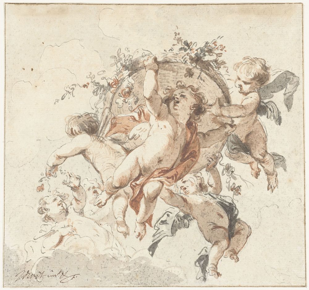 Zwevende cherubijnen met een bloemenmand (1722 - 1737) by Jacob de Wit