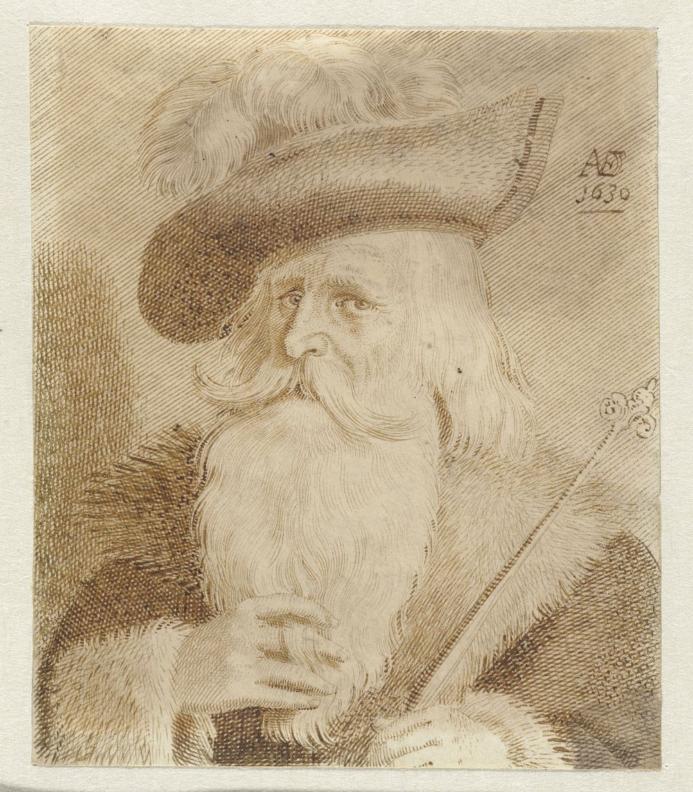 Man met bontkraag, hoed en staf (1630) by Jan van de Velde II