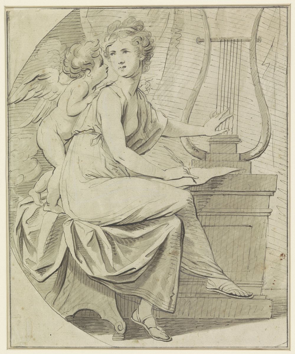 Amor inspireert een jonge vrouw, die met de ene hand een lier tokkelt, en met de andere hand schrijft (1751 - 1807) by…