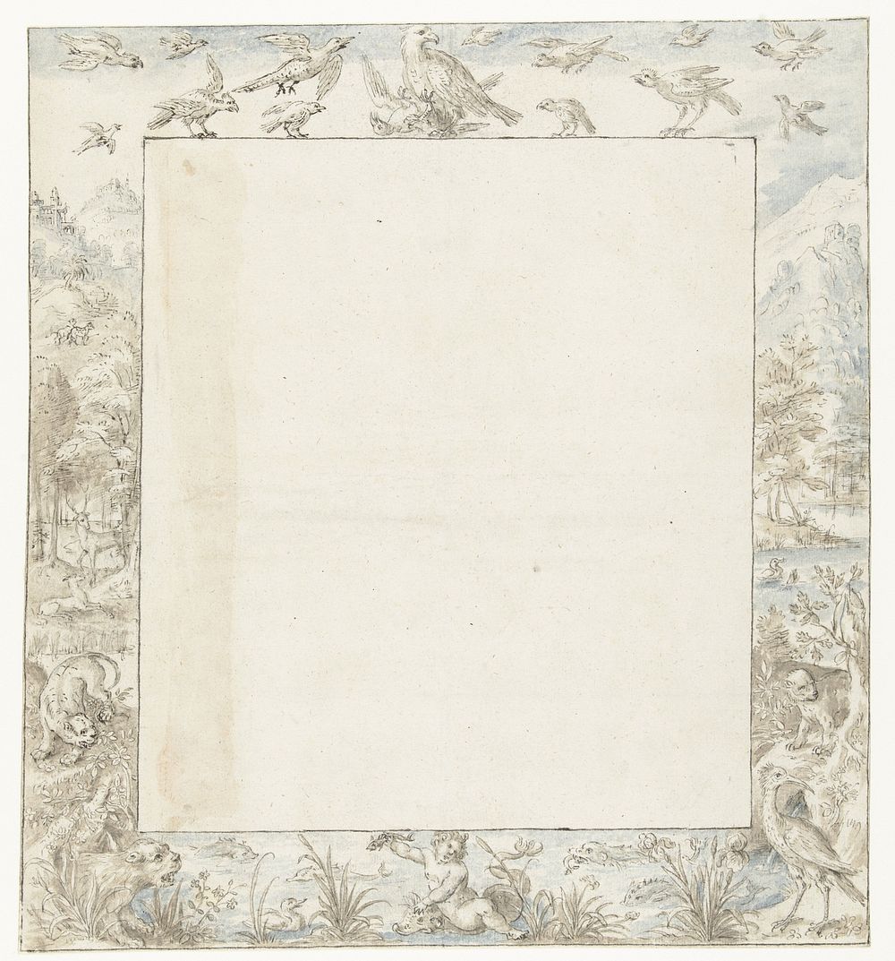 Randdecoratie met vogels en dieren in een landschap (1590 - 1610) by anonymous