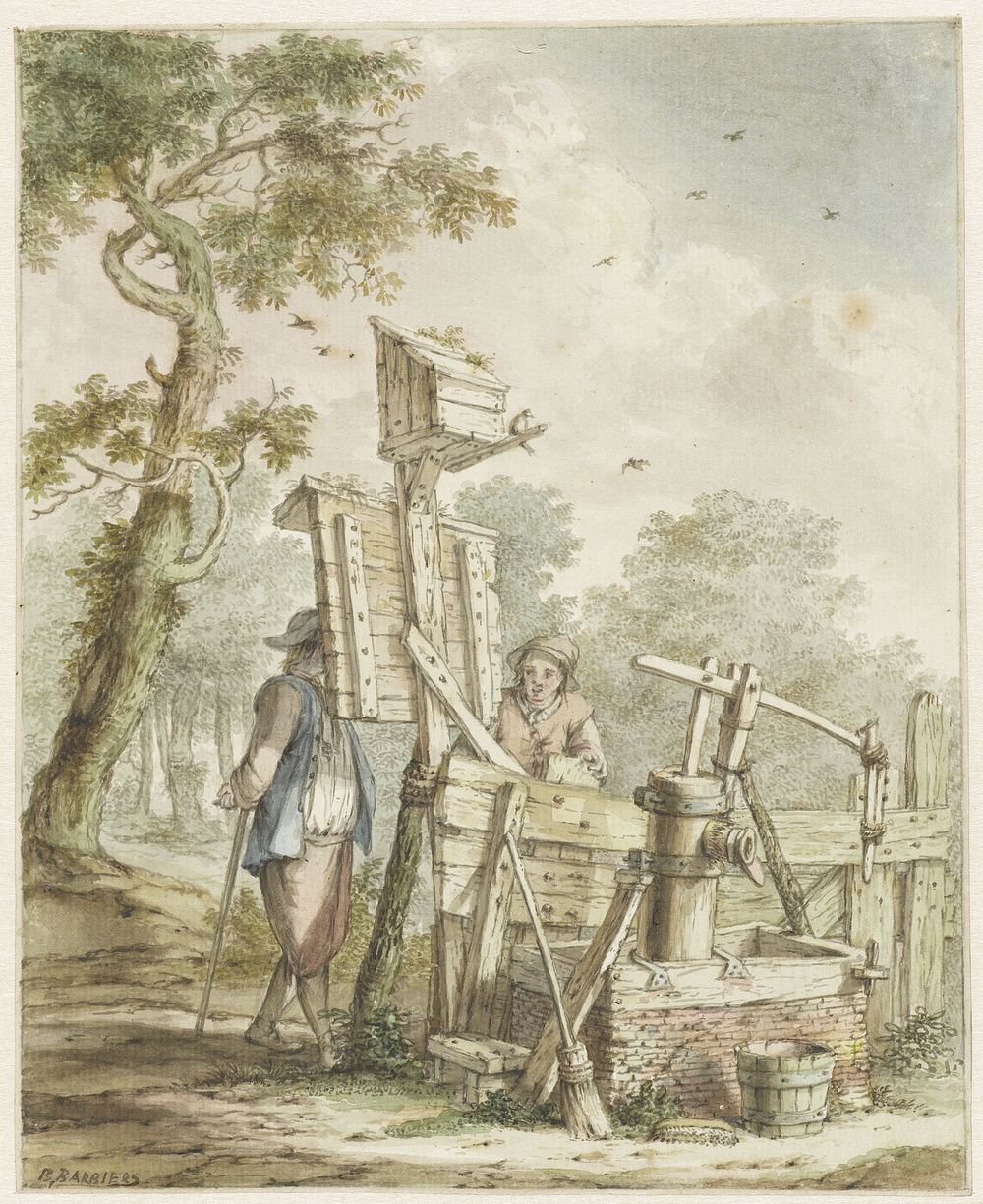 Landschap met twee mannen bij een aanplakbord bij een waterpomp (after c. 1750 - 1808) by Bartholomeus Barbiers