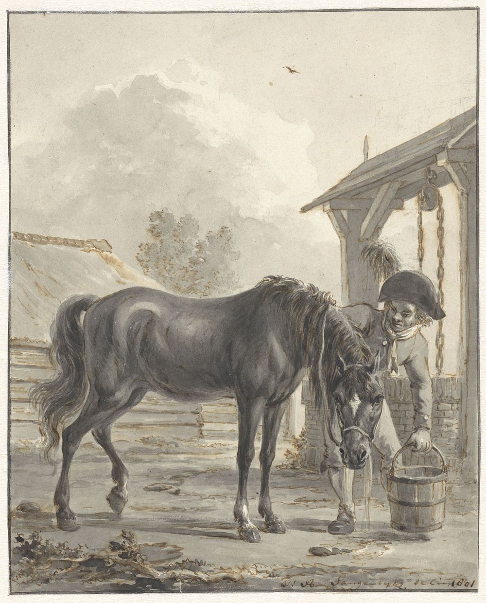 Man laat een paard uit een emmer drinken (1801) by Jan Anthonie Langendijk Dzn