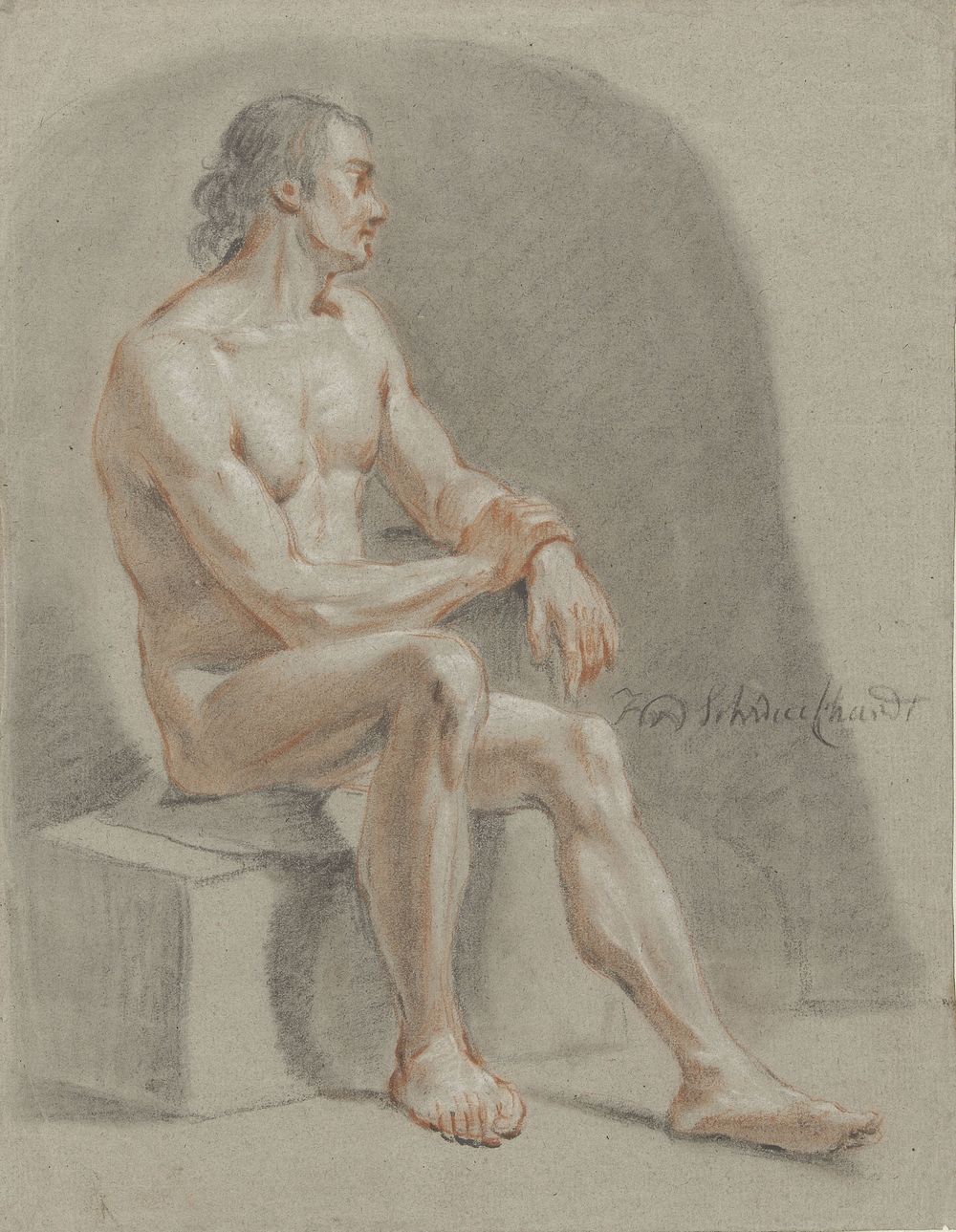 Mannelijk naakt, zittend, naar rechts (1756 - 1797) by Hendrik Willem Schweickhardt