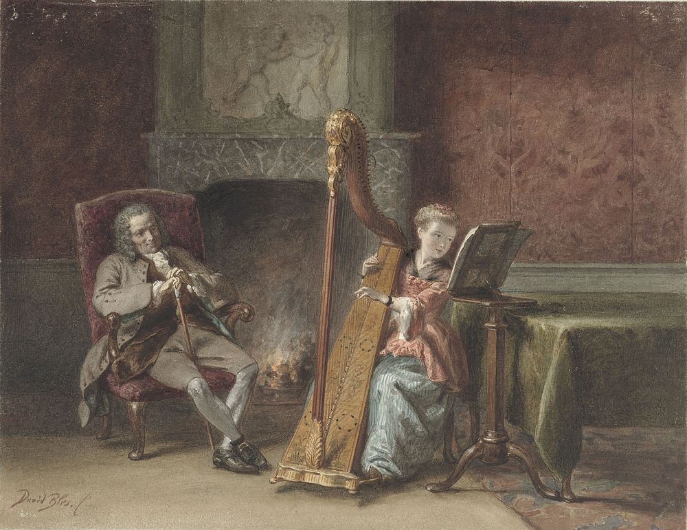 Interieur met meisje dat harp speelt en een heer in een stoel die toekijkt (1831 - 1892) by David Bles