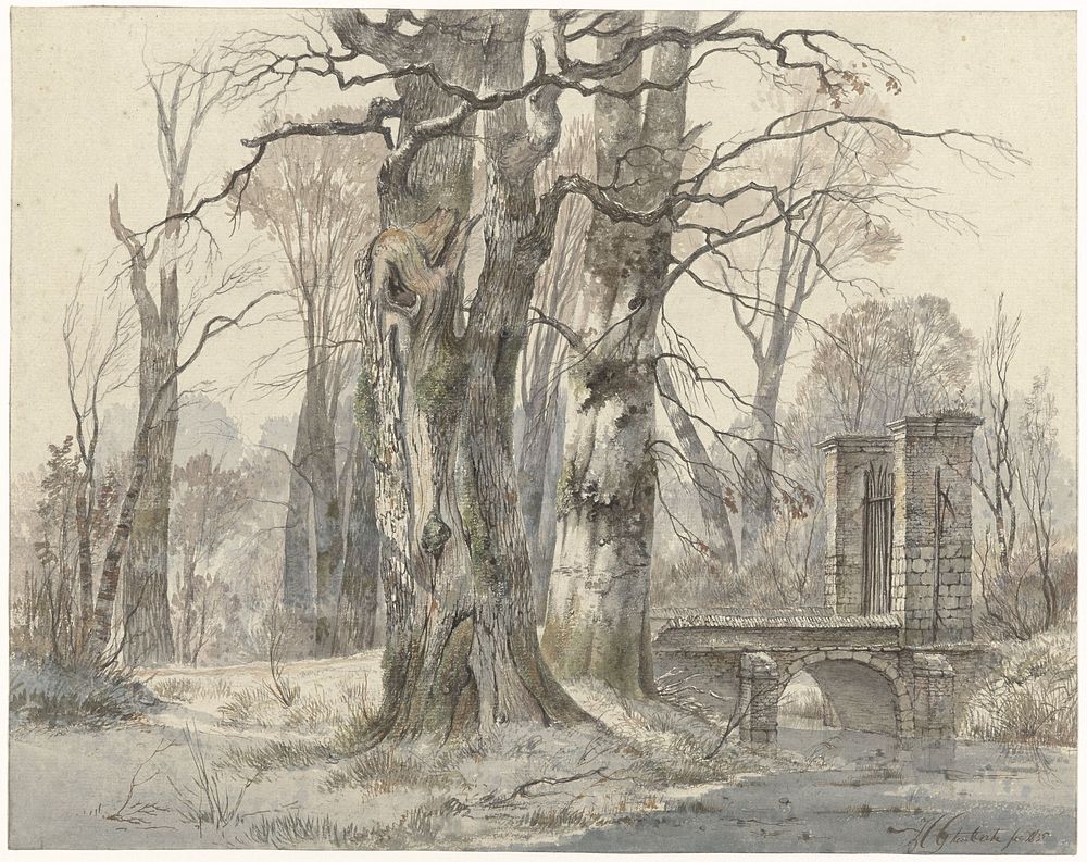 Winterlandschap met poort tussen bomen (1835) by Hendrik Gerrit ten Cate