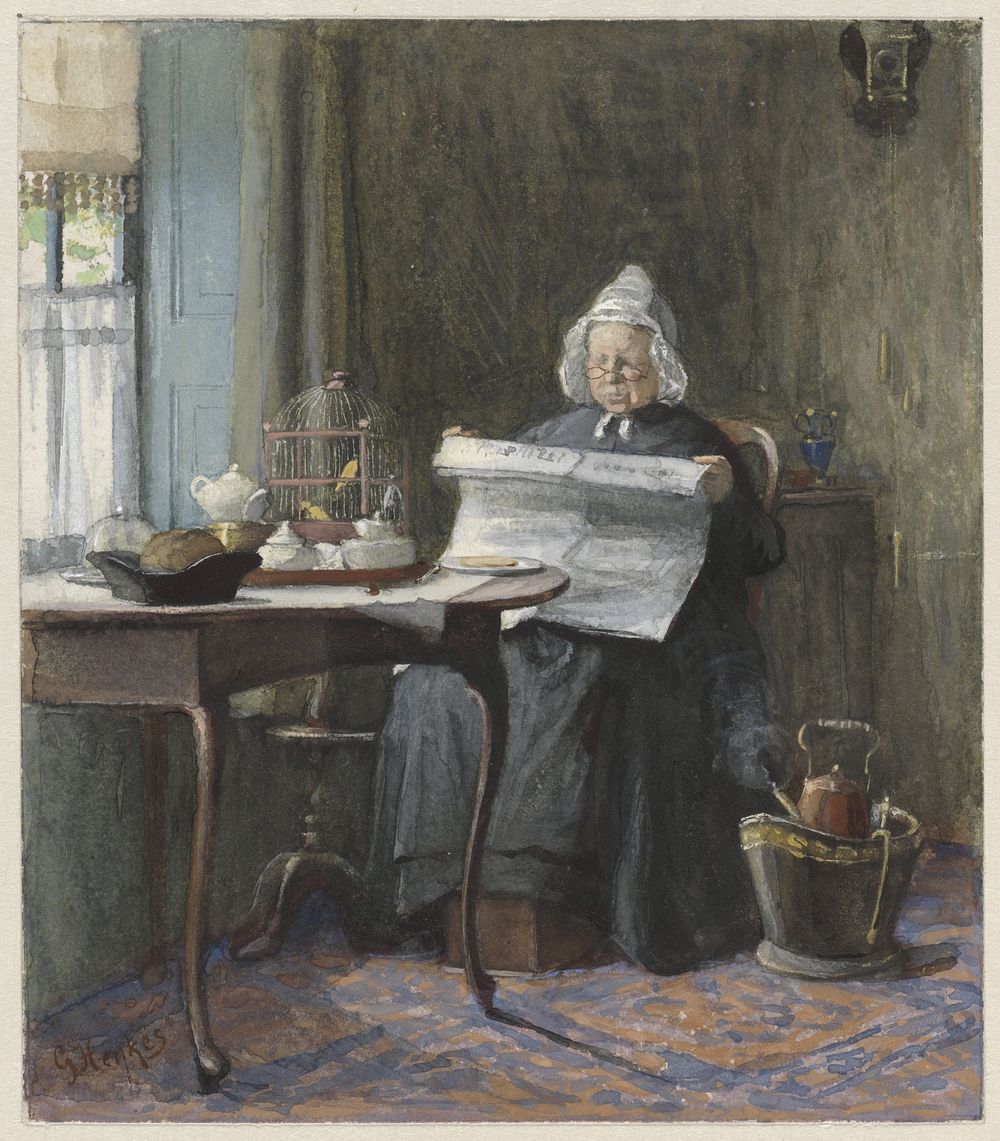 Interieur met een vrouw die de krant leest (1854 - 1892) by Gerke Henkes