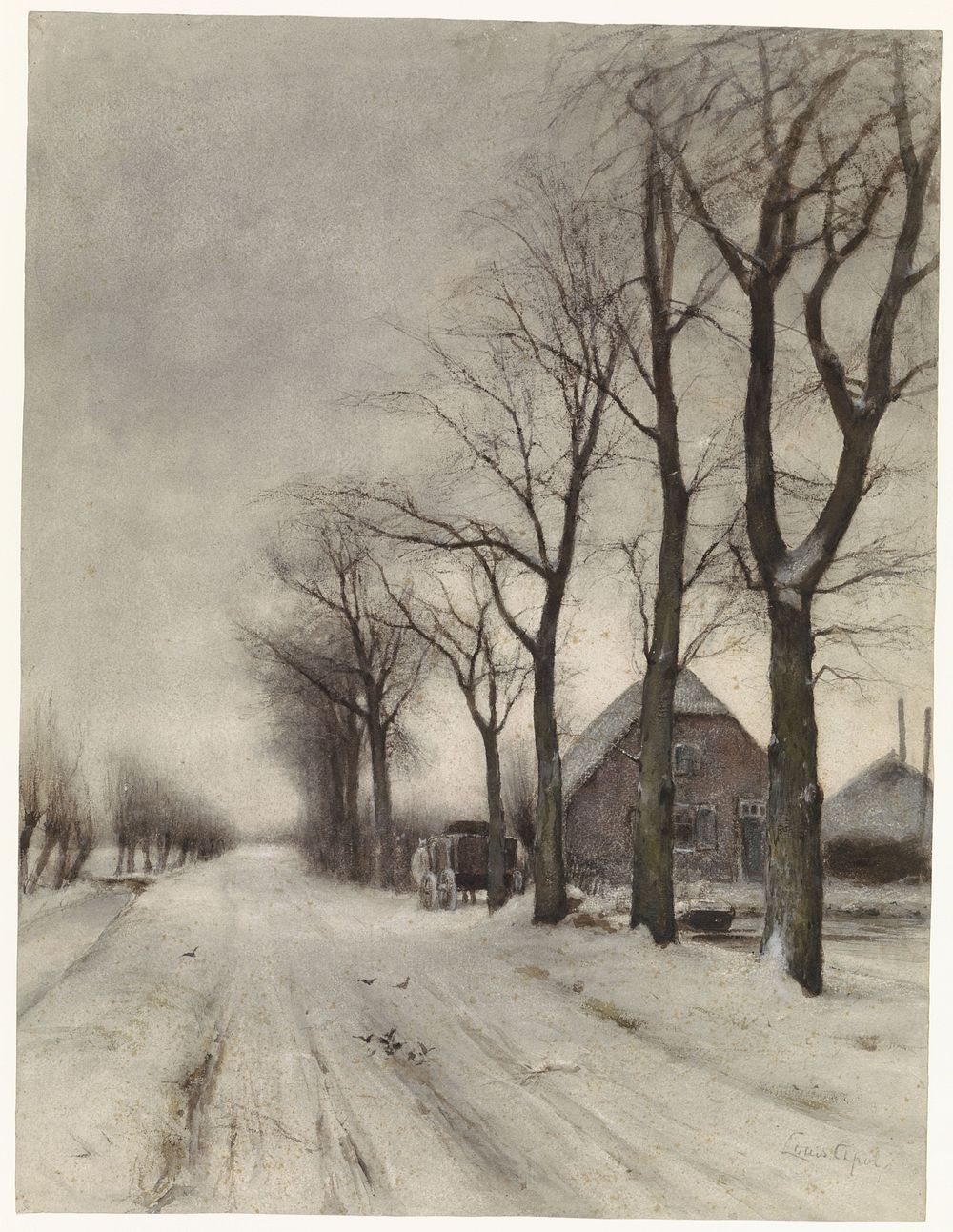 Winterlandschap met boerderij aan een laan (1860 - 1892) by Louis Apol