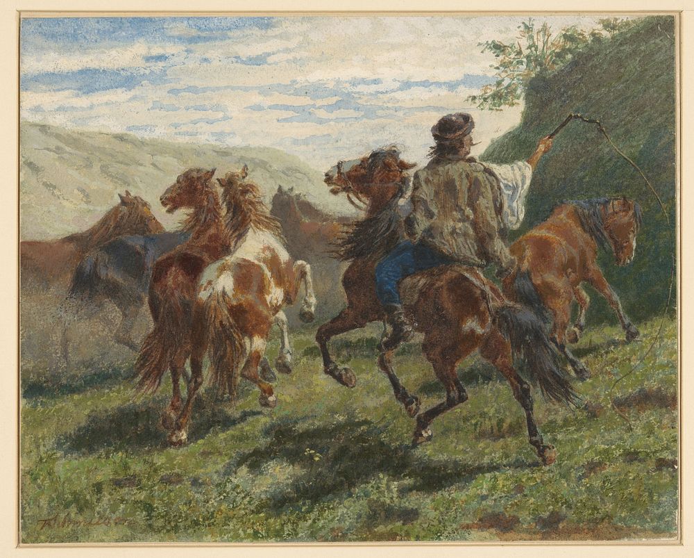 Hongaarse ruiter drijft een aantal paarden naar de achtergrond (1840 - 1863) by F Smithson