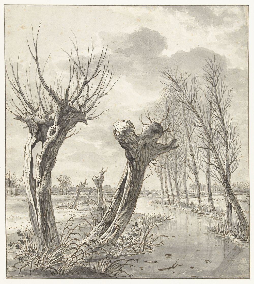 Winterlandschap met knotwilgen langs een bevroren sloot (1766 - 1815) by Jacob van Strij