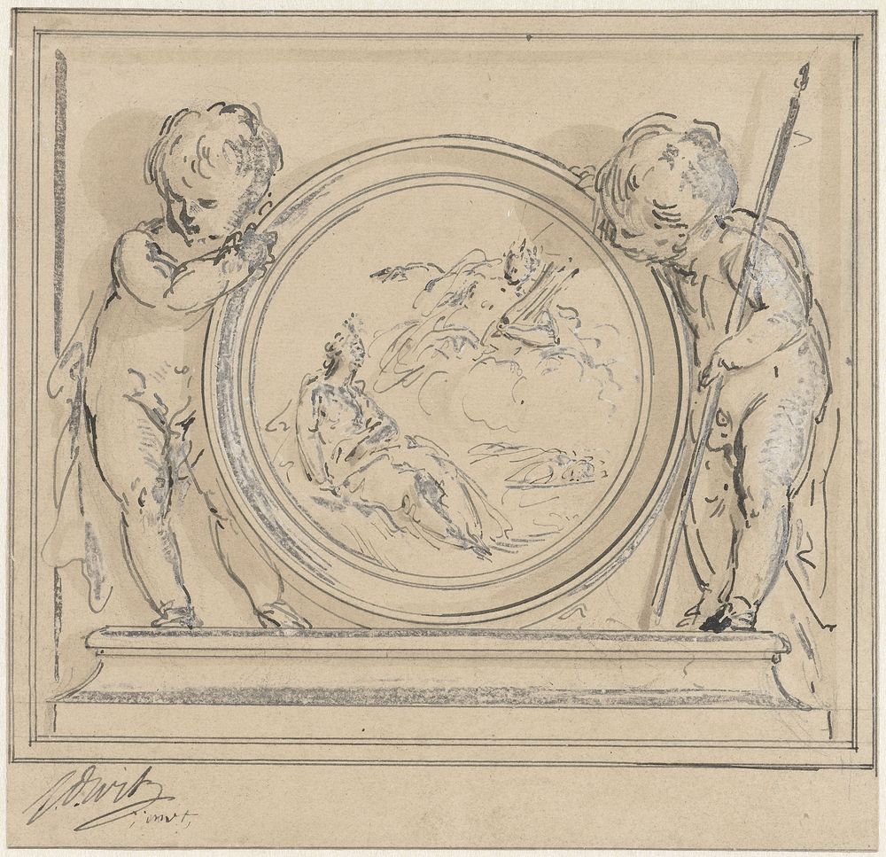 Twee putti met medaillon, waarin de verschijning van Apollo aan de muze (1744) by Jacob de Wit