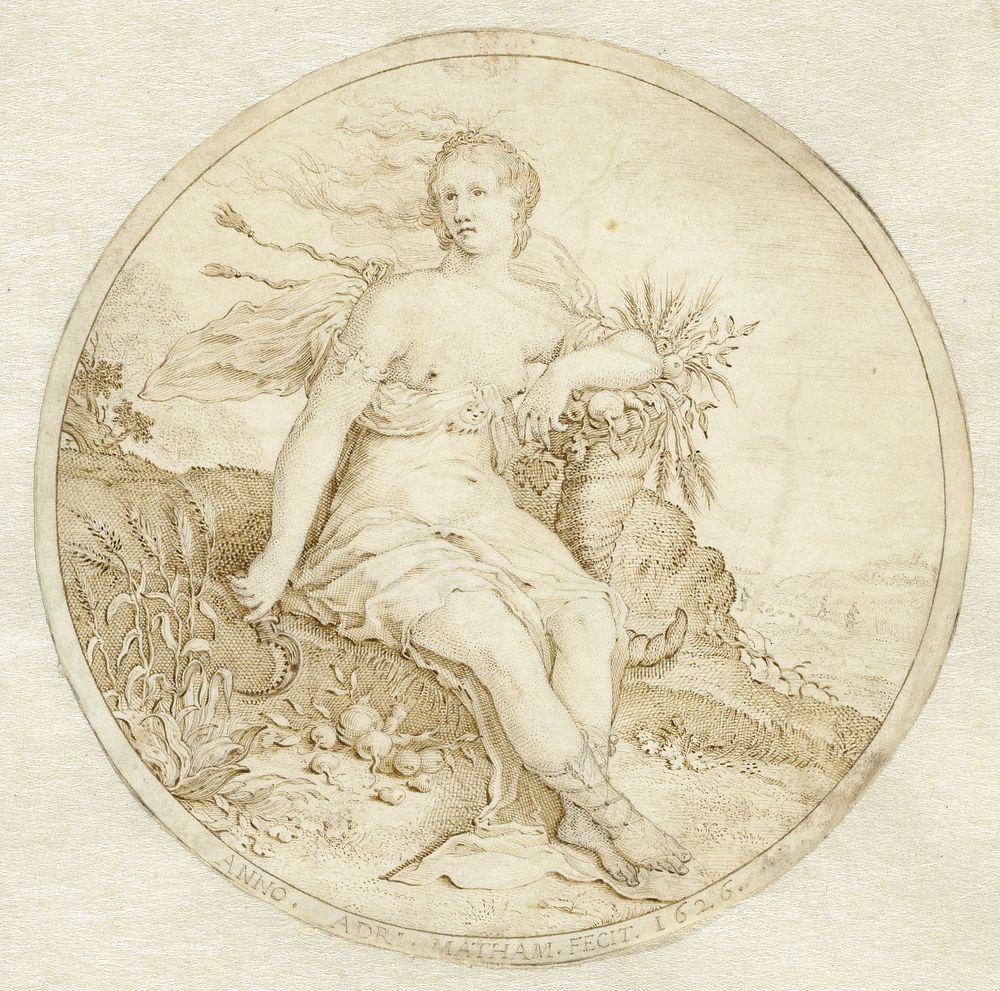 Ceres zittend met een hoorn des overvloeds en een sikkel (1626) by Adriaen Matham