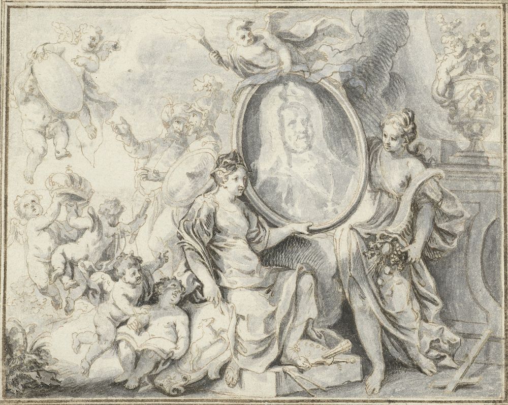 Mansportret in medaillon omgeven door allegorische figuren (1725 - 1770) by Gottfried Eichler II and Bernard Picart