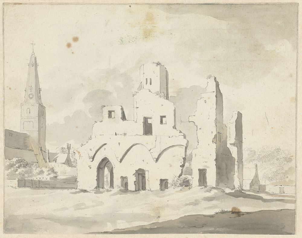 De ruïne van abdij van Rijnsburg met de kerk (1781) by Johannes Huibert Prins