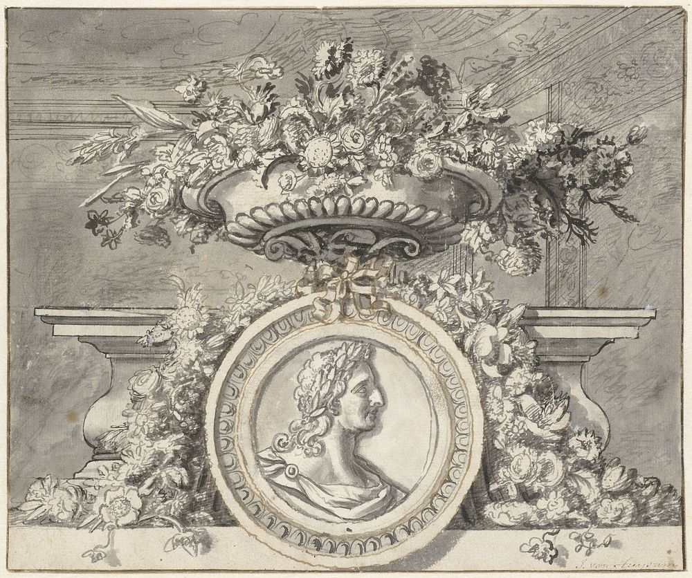 Vaas met bloemen met een medaillon (c. 1692 - c. 1749) by Jan van Huysum