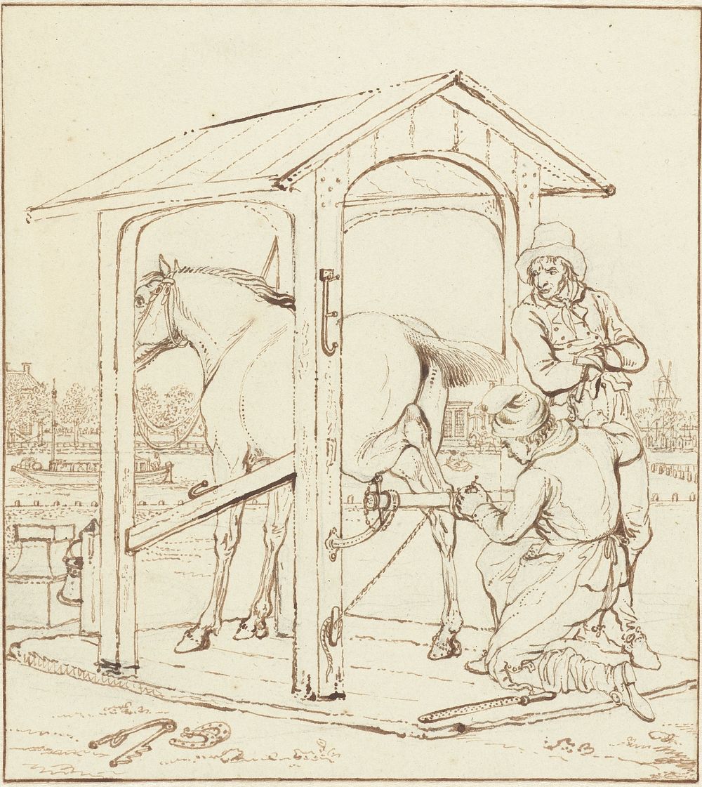 Het beslaan van een paard (1793 - 1803) by Johannes Vinkeles