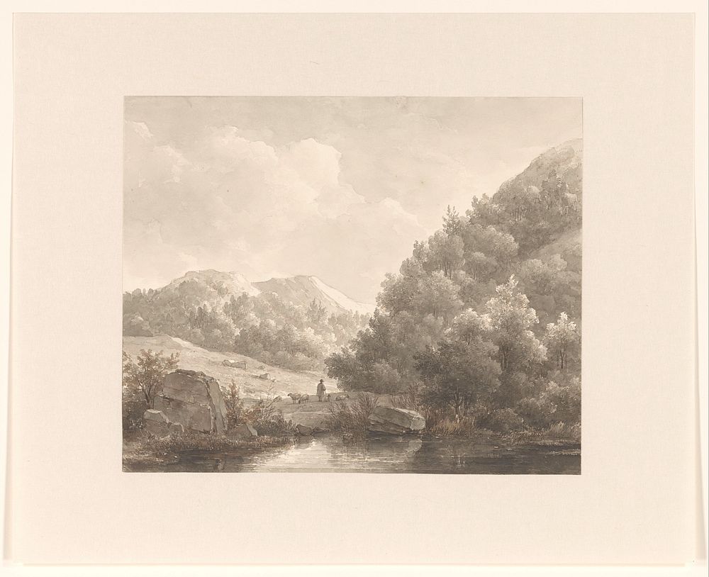 Berglandschap met beekje, herder en schapen (1797 - 1870) by Andreas Schelfhout