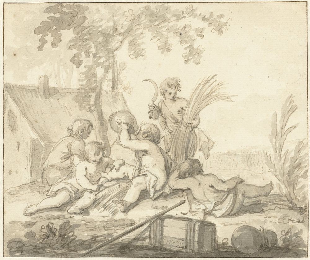 Allegorische voorstelling met kinderen en attributen van de Landbouw (1740 - 1749) by Johann Heinrich Keller II