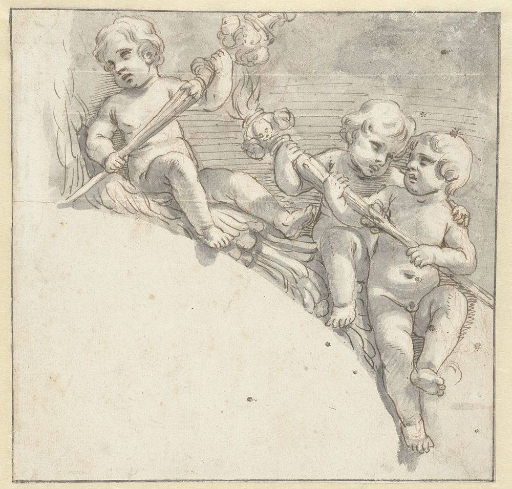 Drie naakte knaapjes met fakkels (1600 - 1699) by anonymous and Pierre Mignard 1612 1695