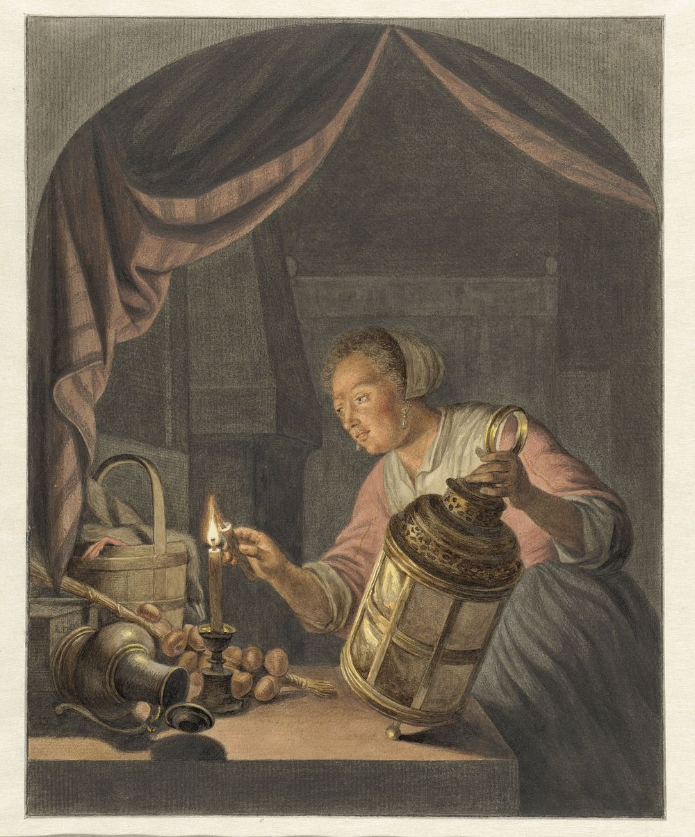 Meisje, een lantaarn ontstekend (1795) by Abraham Delfos and Gerard Dou