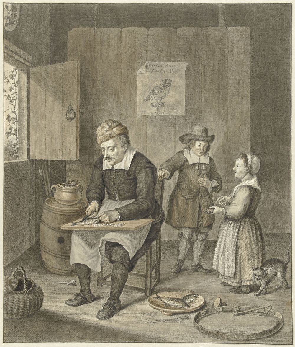 Interieur met man die vissen schoon maakt en twee kinderen (1741 - 1820) by Abraham Delfos and Quiringh Gerritsz van…