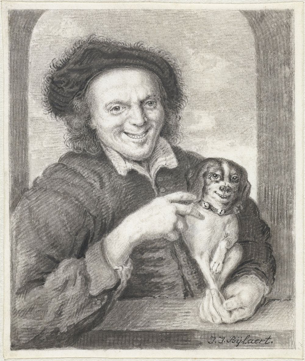 Man met hond in venster (1744 - 1809) by Joannis Jacobus Bijlaert