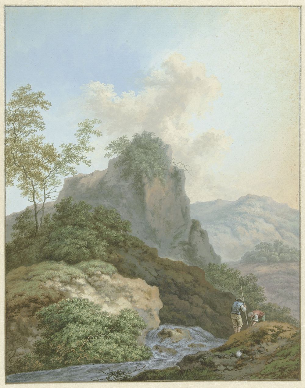 Landschap met twee jongens bij een beek (1700 - 1800) by Monogrammist FWH and anonymous