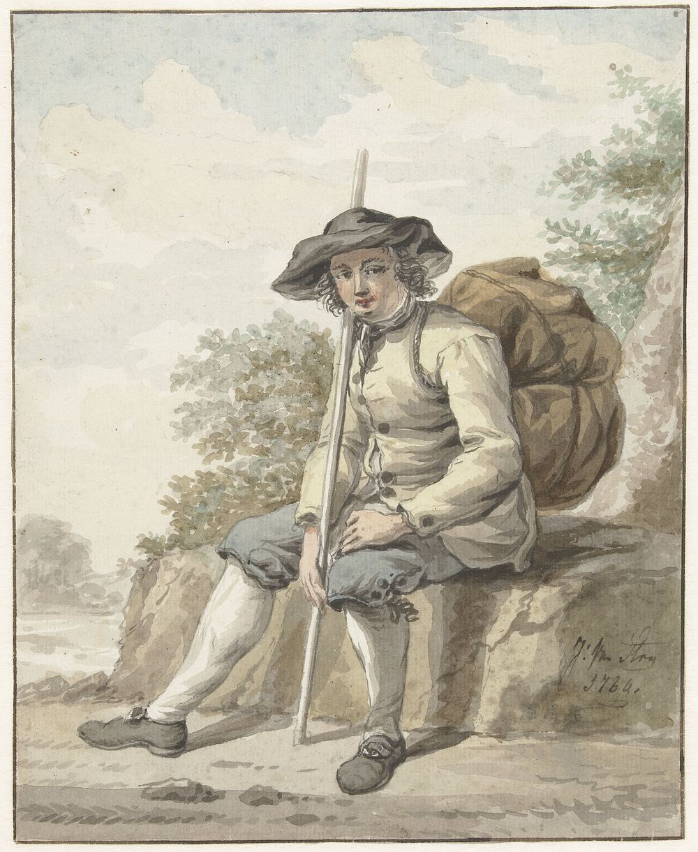 Zittende man met een knapzak en een stok (1784) by Jacob van Strij