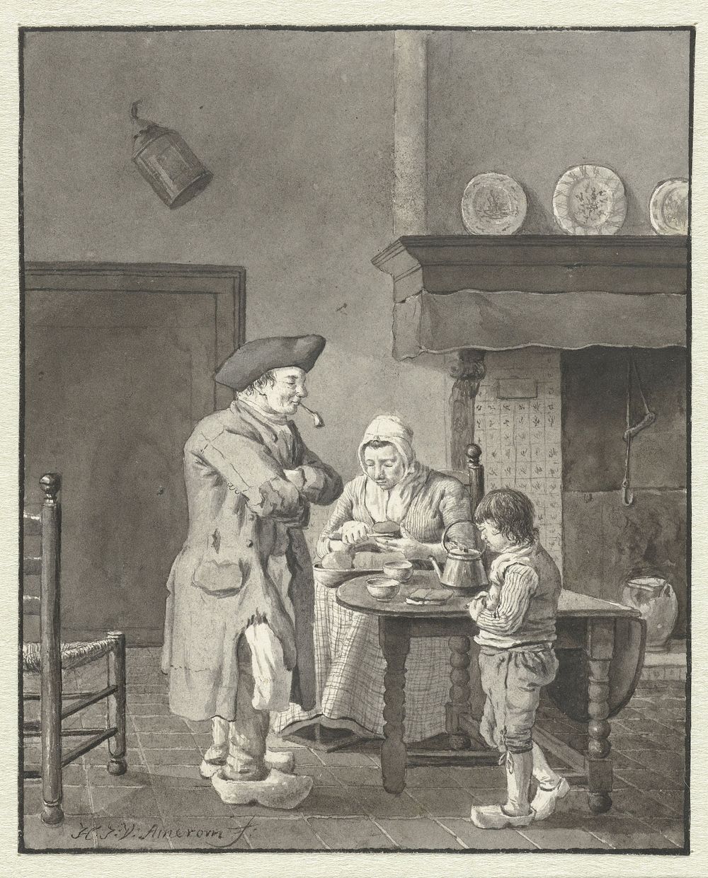 Een moeder snijdt brood voor haar man en zoon (1786 - 1833) by Hendrik Jan van Amerom