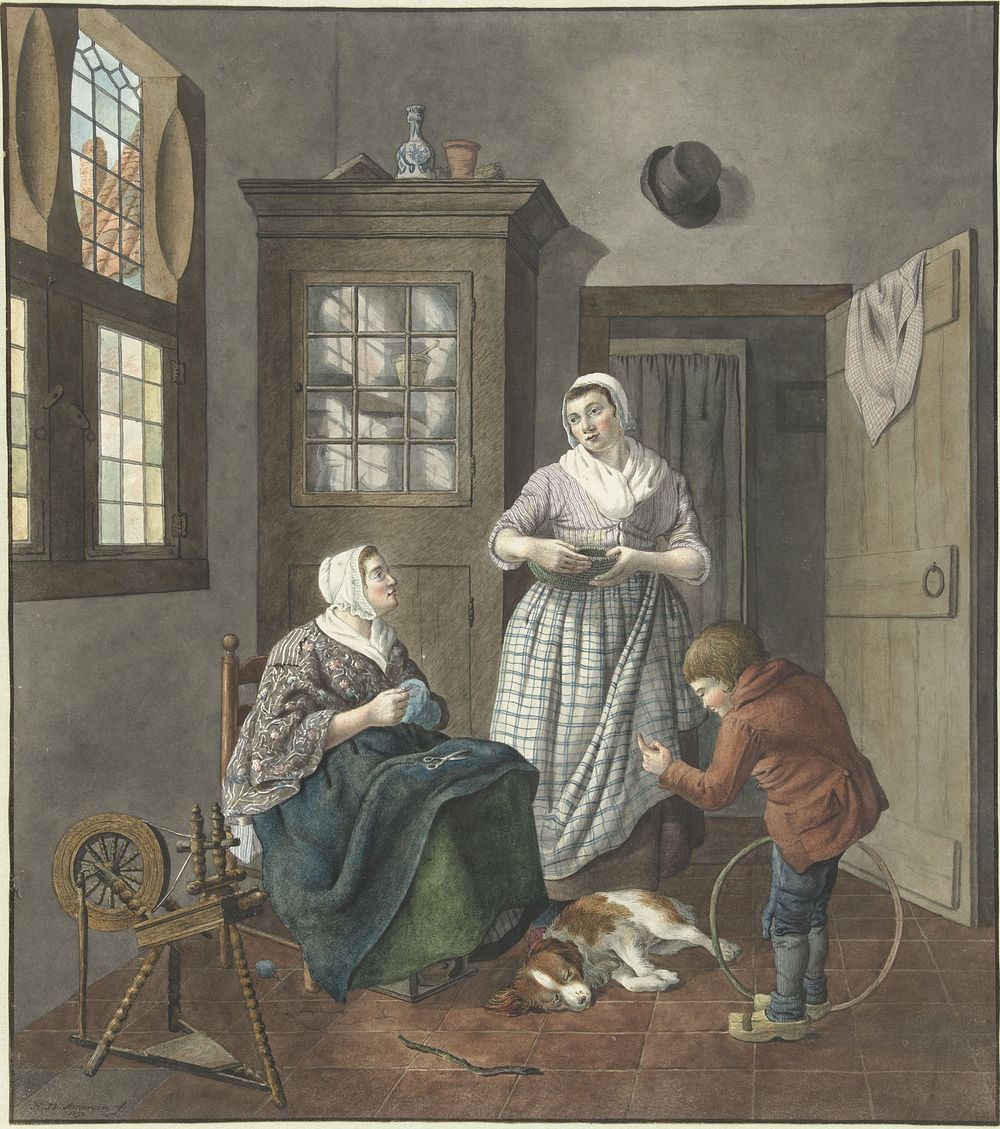Interieur met naaiende vrouw, dienstmeid en spelende jongen (1797) by Hendrik Jan van Amerom